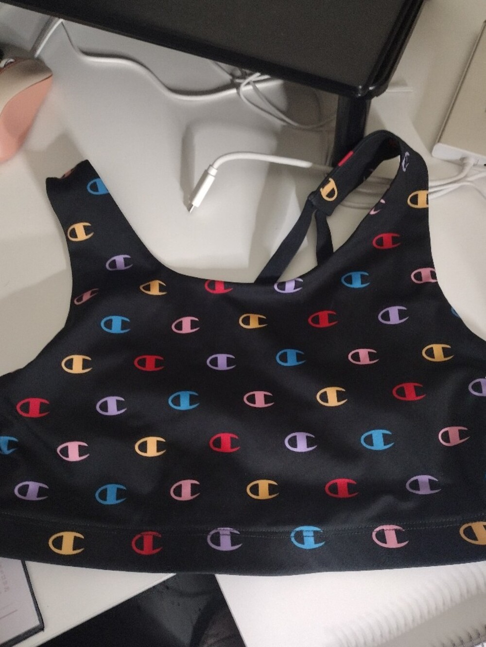 Champion Black Sports Bra with Multicolor Logo Print XL NWT